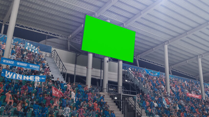 Stadium Championship Match: Scoreboard Green Chroma Key Screen. Crowd of Fans Cheering, Having Fun....