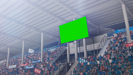 Stadium Championship Match: Scoreboard Green Chroma Key Screen. Crowd of Fans Cheering, Having Fun,...