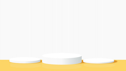 Yellow 3D room with realistic cylinder pedestal podium. Minimal scene for product display presentation. Stage for showcase. Vector geometric design platform.
