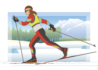 cross country skier female in competitive race with winter scene in background