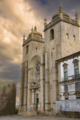 Architectural details of the pretty gothic cathedral in Porto, Portugal