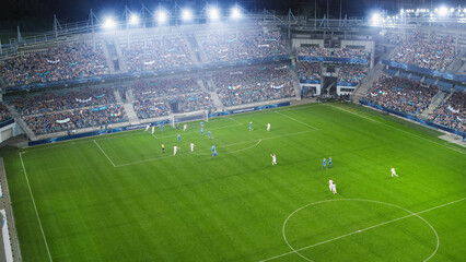 Aerial Establishing Shot of a Whole Stadium with Soccer Championship Match. Teams Play and Crowd of Fans Cheer. Football Tournament, Cup Broadcast. Sports Channel Television, Screen Content.