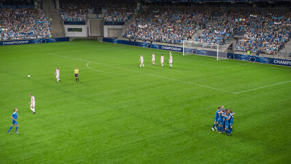 Soccer Football Championship Stadium with Crowd of Fans: Blue Team Attacks, Scores Goal, Players...