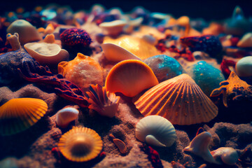 Seashells  underwater background. Generative AI.