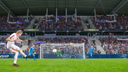 Football Championship: White Team Forward Hits the Ball and Scores Perfect Goal. Goalkeeper Jumps...