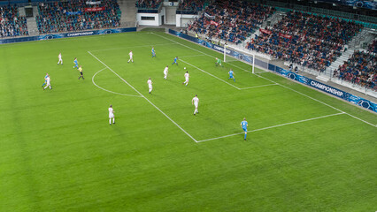Aerial Shot: Soccer Football Championship: Black Forward From Blue Team Attacks, White Team Defends...