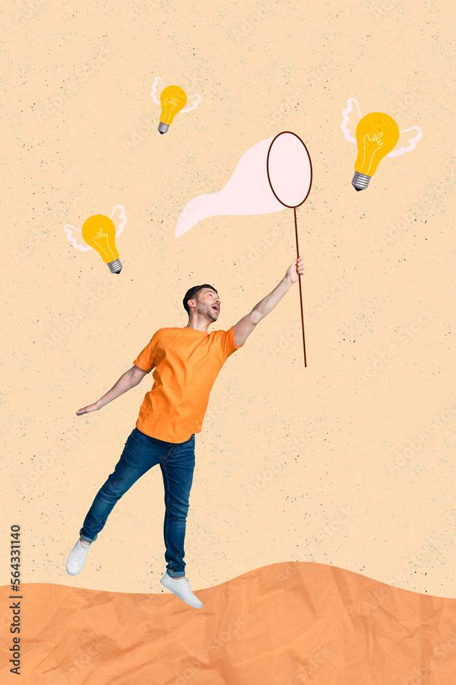 Poster vertical photo collage of business man startup owner jumping hold butterfly net catch idea flying wi