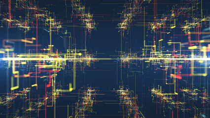 Inside an abstract digital cyberspace. Information flows through broken, winding, high-speed lines of communication and data analysis.
