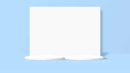 Blue 3D room with realistic cylinder pedestal podium. Minimal scene for product display presentation. Stage for showcase. Vector geometric design platform.
