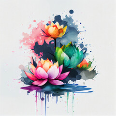 Watercolor blooming lotus flowers with splash background, Generative AI