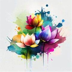 Watercolor blooming lotus flowers with splash background, Generative AI