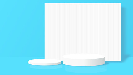 Blue 3D room with realistic cylinder pedestal podium. Minimal scene for product display presentation. Stage for showcase. Vector geometric design platform.
