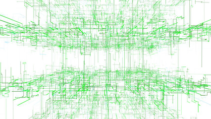 Inside an abstract digital cyberspace. Information flows through broken, winding, high-speed lines of communication and data analysis. Transparent background.