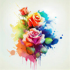 Watercolor blooming rose flowers with splash background, Generative AI