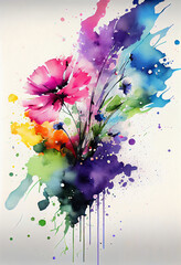 Watercolor blooming spring flowers with splash background, Generative AI