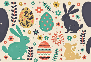Pattern Of Easter Symbols, Rabbits, Painted Eggs, Flowers. Vector Illustration