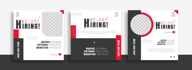 We are hiring job vacancy social media post banner design template with red and white color. We are hiring job vacancy square web banner design.