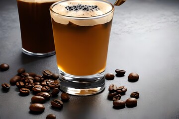 A glass of iced coffee with a spoon and rock on a dark background with scattered coffee beans. Generative AI