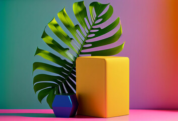 Blank product podium stand with tropical leaf on colorful backgroundin retrowave style. Summer concept. Retro wave. 3d rendering. Generating Ai.