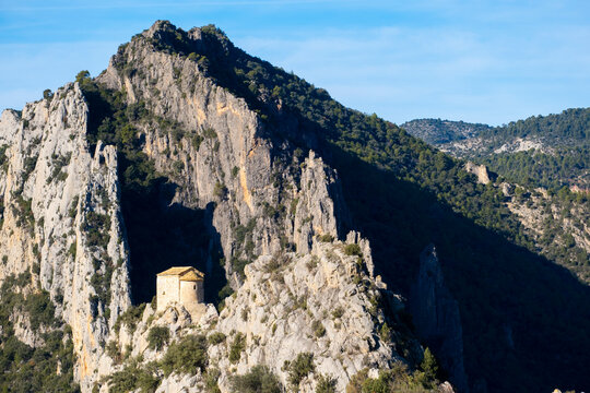 Romanesque hermitage of the Mare de D&eacute;u de la Pertusa on the river and the gorge of Mont-rebei in the Protected Natural Space of Montsec in the province of Lleida in Catalonia Spain