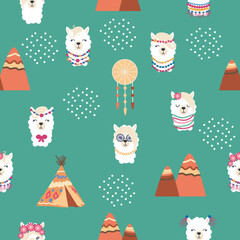 Seamless pattern with llama, alpaca faces. Cute drawings of llama head with hearts, inscription, mountains, cacti, star, dreamcatcher © MichiruKayo