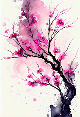 Watercolor pink cherry blossom branches with splash background, Generative AI