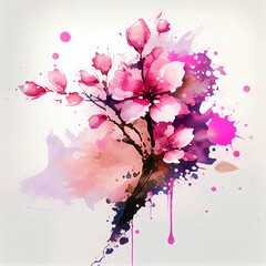 Watercolor blooming sakura flowers with splash background, Generative AI