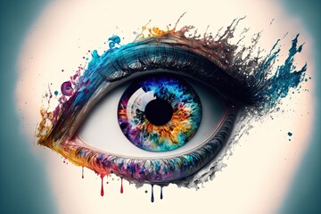 Human eye isolated with colorful paint, ink drips and splashes