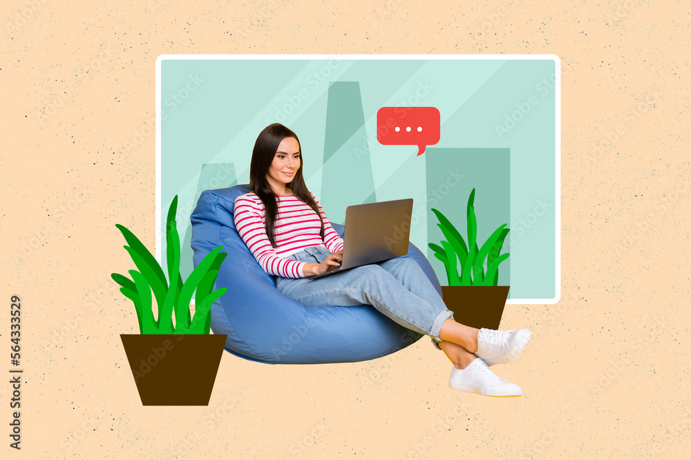 Aufkleber composite collage image of pretty nice girl sitting beanbag use netbook chatting texting isolated on