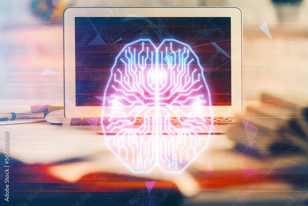 Poster double exposure of work space with computer and human brain drawing hologram. brainstorm concept.