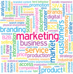 MARKETING colorful word cloud in a square on transparent background