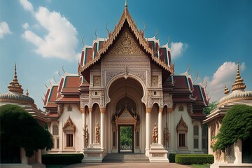  grandiose palace, adorned with intricate carvings and sculptures, stands majestically in the center of the image. The palace is made of white marble, with gold leaf accents and a red ti Generative AI
