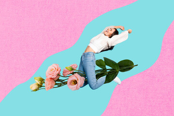 Creative collage portrait of positive carefree girl sit flying big rose flowers isolated on painted background