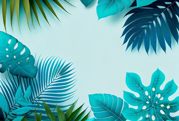 Fototapeta na wymiar Collection of tropical leaves,foliage plant in blue color with empty space background. Abstract leaf decoration design. Cover template. Exotic Nature. Generating Ai.
