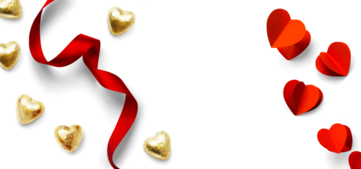 Design elements for Valentine's Day background. Pairs of red hearts, heart shaped golden candies and Red ribbon on a transparent background, flat lay, clipping path, real soft transparent shadow. PNG