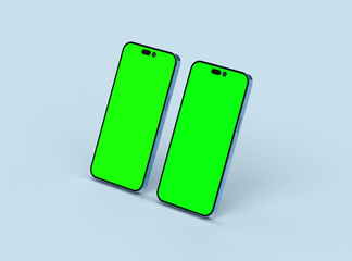 Smartphone 14 pro max mockup for App and Website UI branding. 2 Phones in front and back side. 3D render