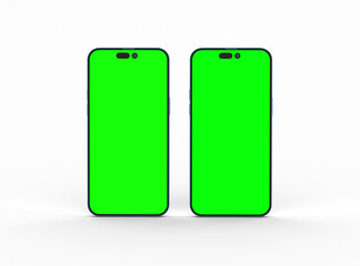 two smartphones 14 pro max mockup for App and Website UI branding. 2 Phones in front and back side. 3D render