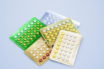 Packs of pills isolated on white background, birth control pills