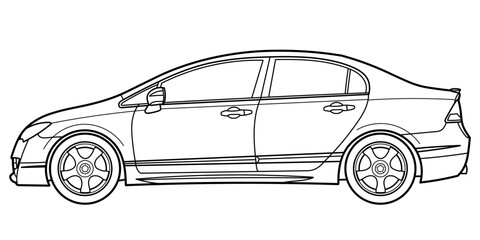 Classic sport sedan car. Side view. Street racing style car. Outline doodle vector illustration for your design - coloring book or print.