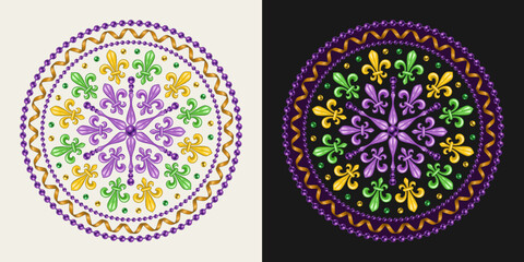 Round carnival Mardi Gras pattern. Fleur de lis symbol, streamer, ribbons, beads. For prints, clothing, t shirt, plate, surface design. Vintage style © OA_Creation