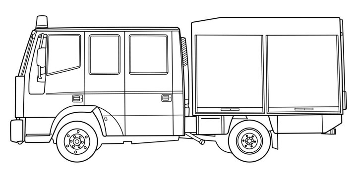 Fire Rescue Truck on white background. Cartoon outline vector doodle illustration. Side view