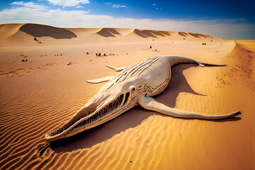 squelette de baleine au milieu du désert pour illustrer le réchauffement climatique - obrazy, fototapety, plakaty