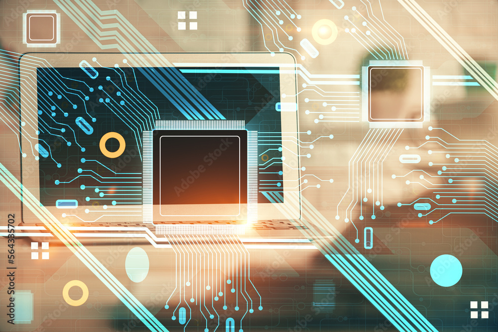 Poster Multi exposure of desktop computer and technology theme hologram. Concept of software development.