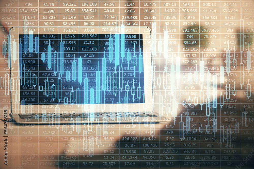 Poster Multi exposure of forex graph and work space with computer. Concept of international online trading.