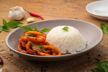 Stir-Fried Squid with Red Curry Paste and cooked jasmine rice in white plate.Thai spicy food