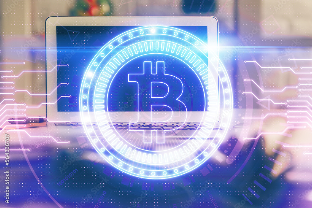 Aufkleber Multi exposure of blockchain and crypto economy theme hologram and table with computer background. Concept of bitcoin cryptocurrency.