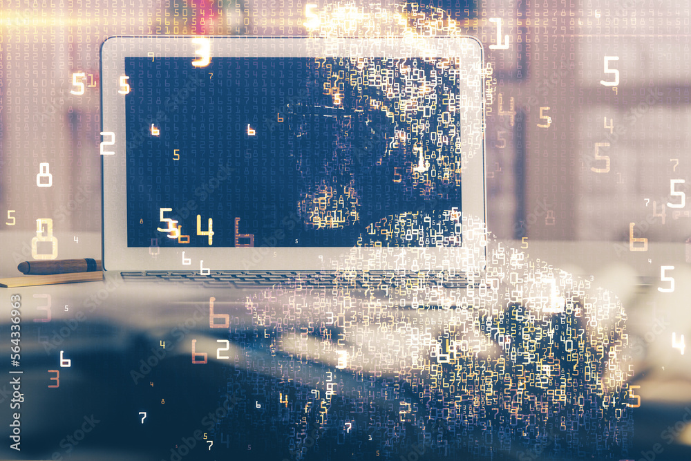 Aufkleber computer on desktop in office with technology theme hologram. double exposure. tech concept.