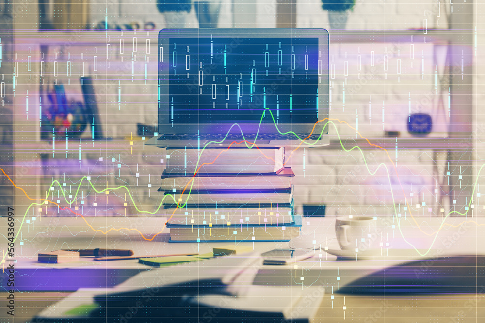 Poster Multi exposure of forex graph and work space with computer. Concept of international online trading.