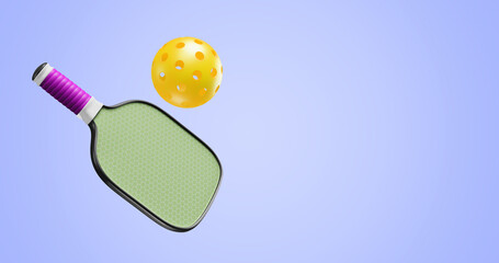 Pickle ball close-up paddle racket and yellow ball with holes. 3d rendering banner copy space