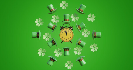 Patrick day. Alarm clock surrounded by a four leaf clover and a leprechaun hat on a green background. 3d rendering